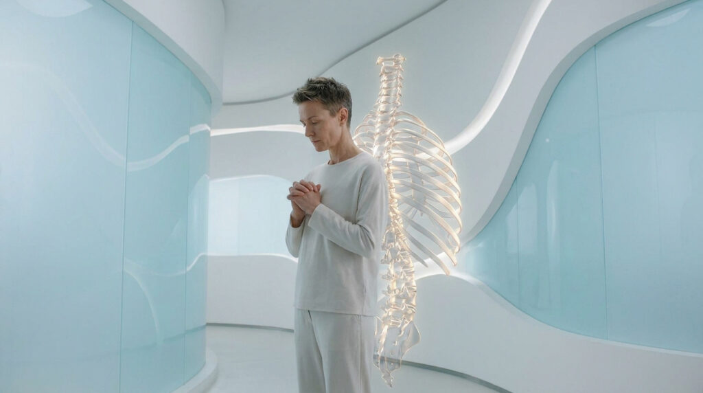 Une personne aux mains jointes devant une cage thoracique en verre lumineuse dans un couloir moderne futuriste.