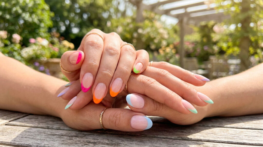 Gros plan sur des mains avec une french manucure multicolore aux tons néon et pastel, sur fond de jardin ensoleillé.