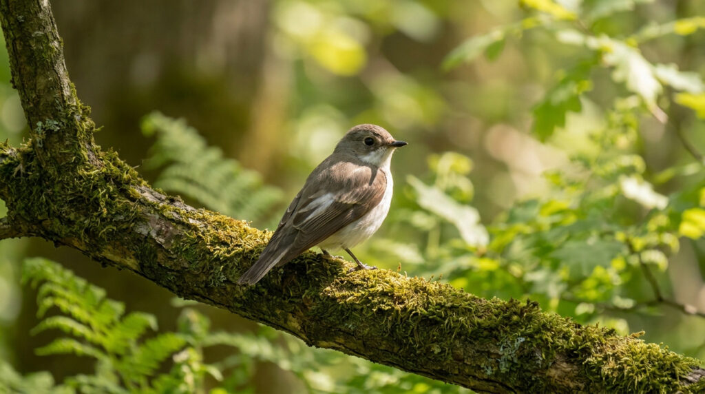 Un petit gobemouche au plumage brun et blanc posé sur une branche recouverte de mousse dans une forêt ensoleillée.