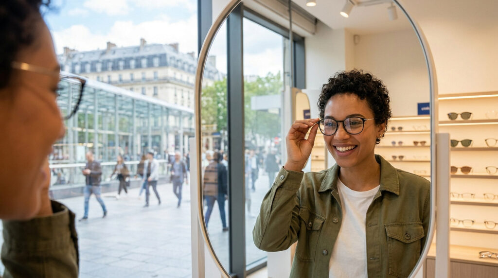 Une femme souriante essayant des lunettes dans un magasin d'optique avec une vue sur les rues de Paris en arrière-plan.