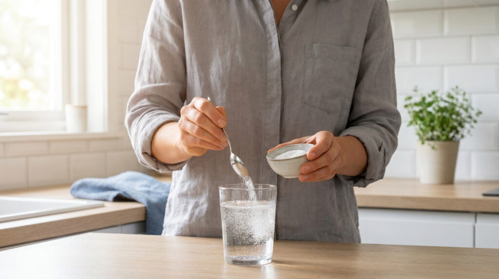 Une personne verse du sel dans un verre d'eau dans une cuisine lumineuse.