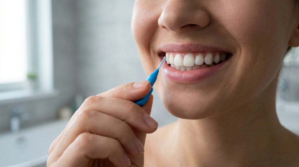Une personne utilisant une brossette interdentaire bleue pour nettoyer ses dents avec précision.