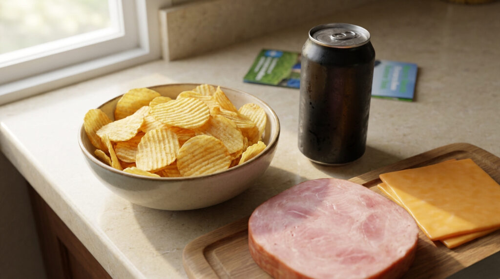 Bol de chips, canette de soda, tranche de jambon et tranches de fromage sur un comptoir de cuisine.