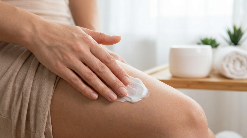 Une femme applique une crème blanche sur sa cuisse dans un environnement relaxant et lumineux.