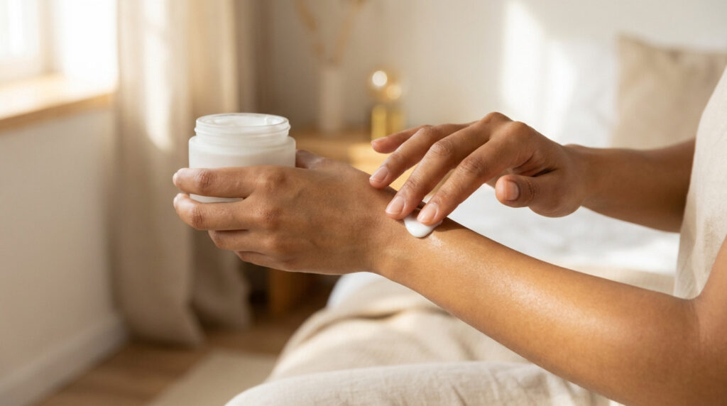 Une personne applique une crème blanche sur son avant-bras depuis un petit pot ouvert.