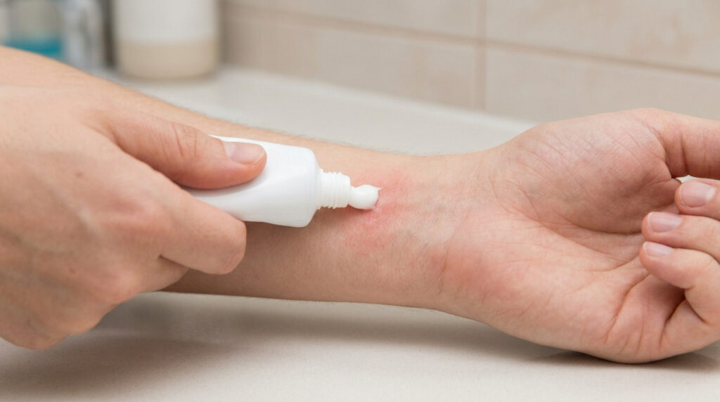 Une main applique du dentifrice blanc sur une zone rouge et irritée au niveau du poignet.