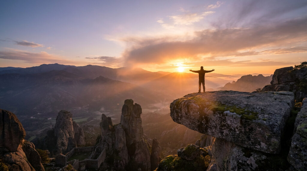 Une personne debout bras ouverts sur une falaise rocheuse au coucher du soleil dominant des montagnes mystiques.