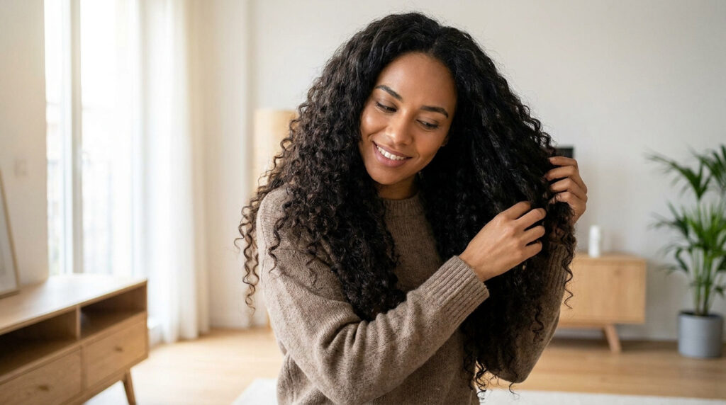 Une femme souriante avec de longs cheveux bouclés et texturés, touchant ses pointes dans un intérieur lumineux.