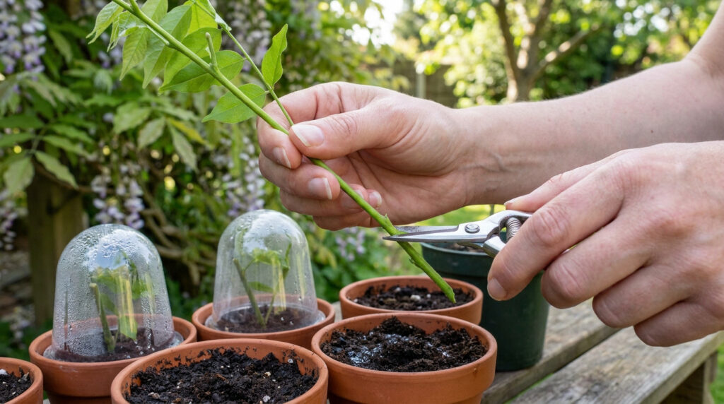 Mains d'un jardinier taillant une bouture de glycine au-dessus de pots en terre cuite dans un jardin.