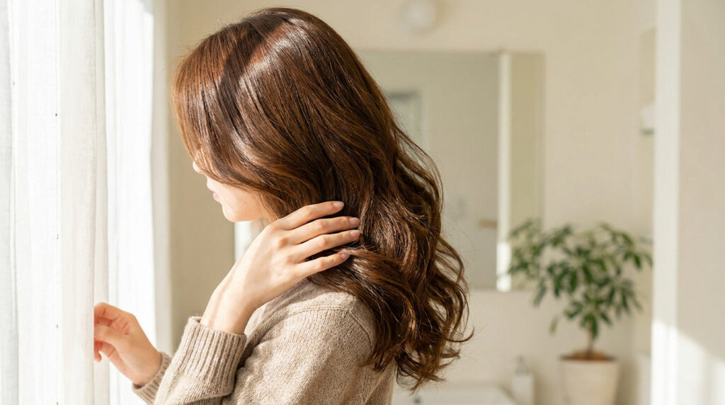 Une femme aux cheveux longs et ondulés touchant ses cheveux près d'une fenêtre ensoleillée.