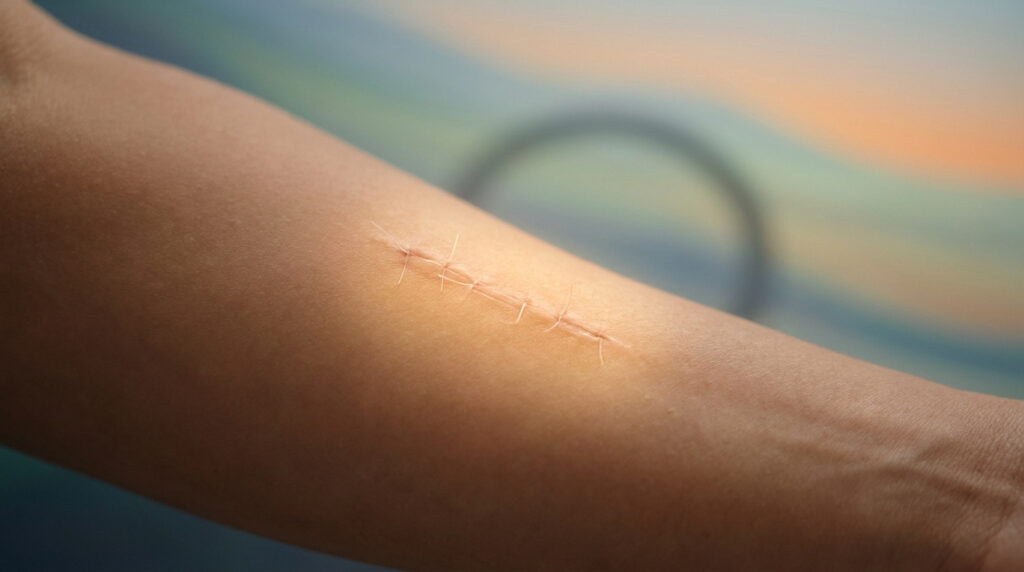 Gros plan sur un bras montrant une incision cutanée refermée avec des points de suture chirurgicaux fins.