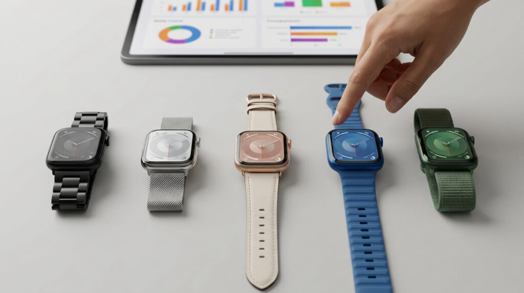 Une main sélectionne une montre connectée parmi plusieurs modèles de couleurs et bracelets différents posés sur une table.