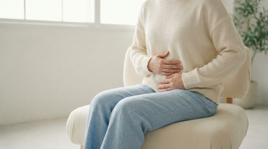 Une personne assise tenant son abdomen avec les deux mains.