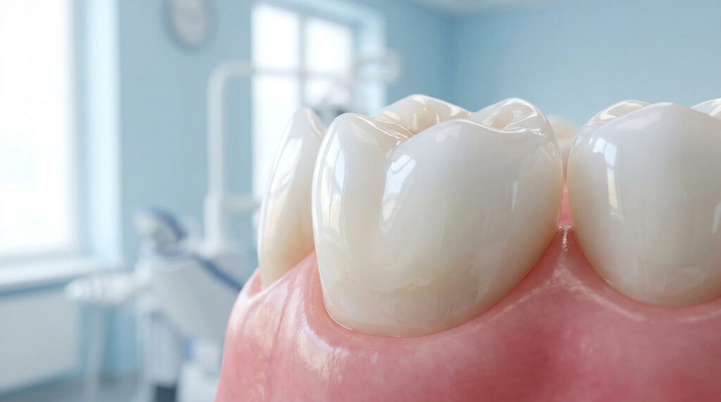 Gros plan sur des dents en céramique sur un modèle gingival dans un cabinet dentaire flou.