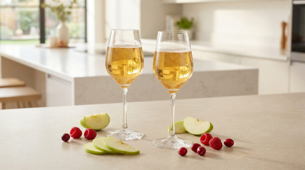 Deux verres de vin pétillant sur un comptoir de cuisine, accompagnés de tranches de pomme verte et de fruits rouges.