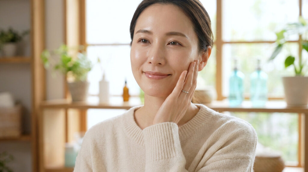 Une femme souriante à la peau éclatante touche doucement sa joue dans un intérieur lumineux.