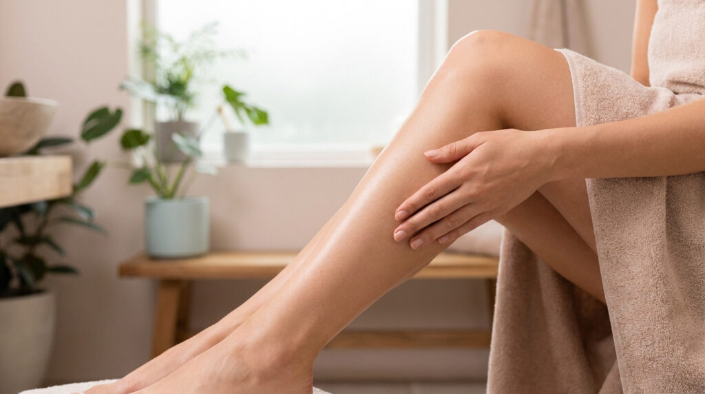 Une femme caresse sa jambe parfaitement épilée et lisse, enveloppée dans une serviette douce.