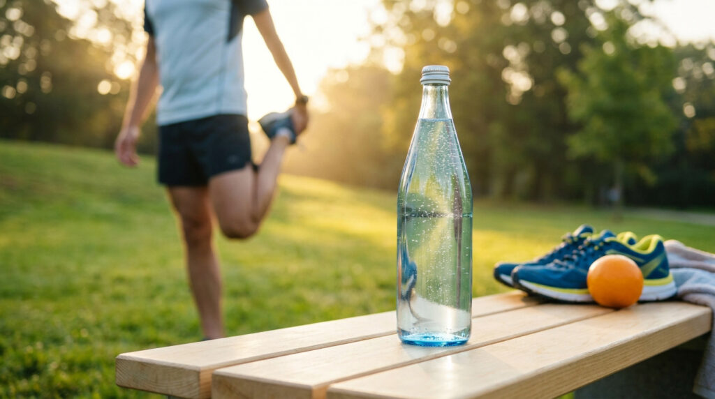 Une bouteille d'eau gazeuse sur un banc avec un sportif en arrière-plan au soleil.