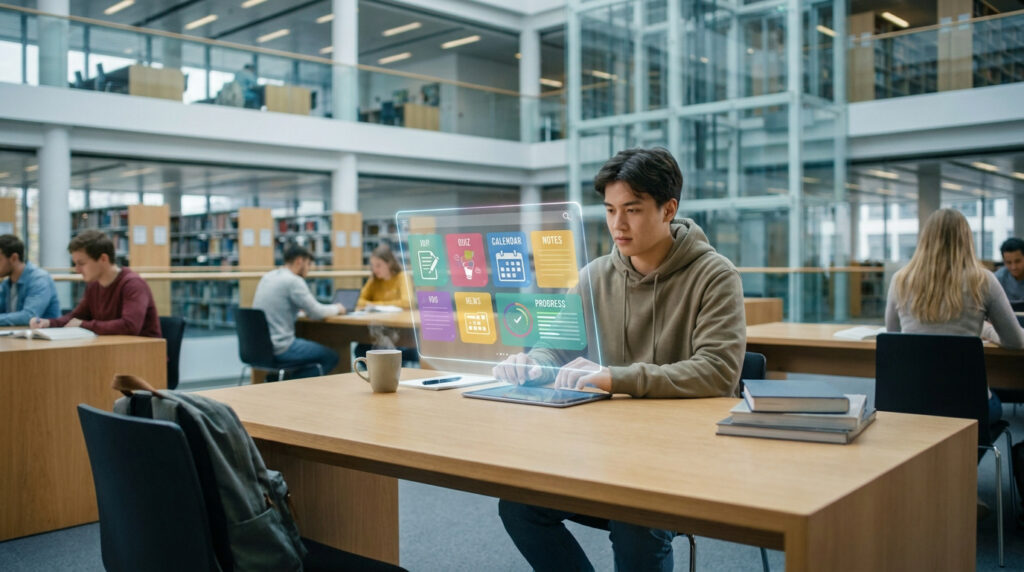 Étudiant utilisant une interface holographique interactive pour étudier dans une bibliothèque universitaire.