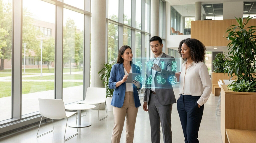 Trois professionnels de santé discutent devant une interface holographique affichant des symboles médicaux.
