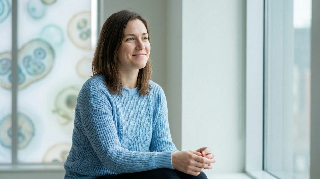 Une femme souriante en pull bleu clair assise devant une fenêtre avec des illustrations microscopiques en arrière-plan.