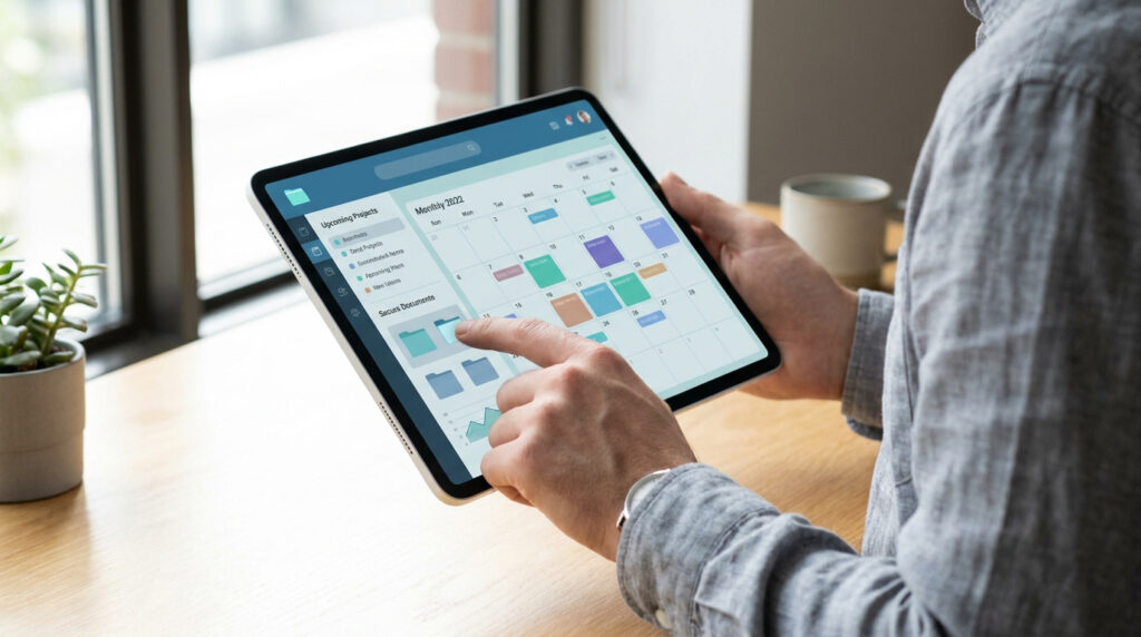 Une personne utilise une tablette pour consulter un calendrier mensuel et des documents sur une interface numérique.