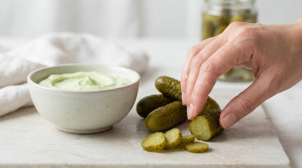 Une main saisit une rondelle de cornichon à côté d'un bol de crème cosmétique verte et d'un bocal de cornichons.