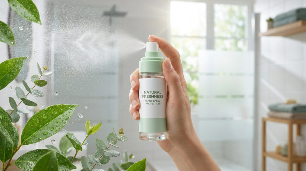 Une main vaporisant un déodorant naturel avec des feuilles vertes humides dans une salle de bain lumineuse.