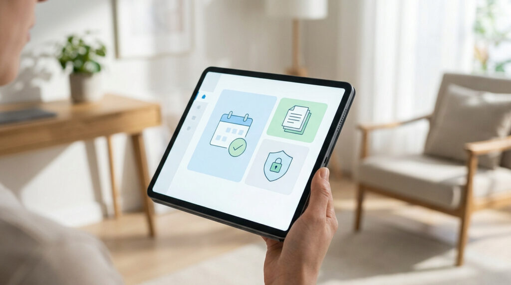 Une personne tenant une tablette affichant une interface de gestion de santé avec des icônes de calendrier et sécurité.