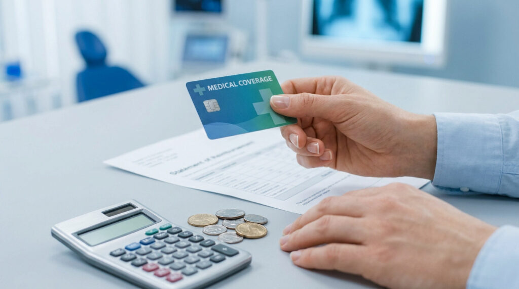 Une personne tenant une carte de couverture médicale au-dessus de documents financiers et d'une calculatrice.