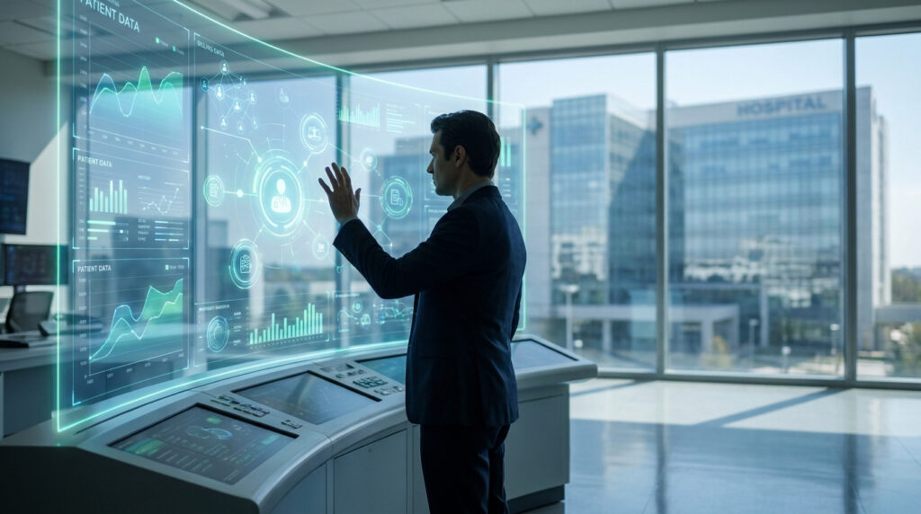 Un gestionnaire hospitalier utilisant une interface holographique pour piloter les données de l'établissement.