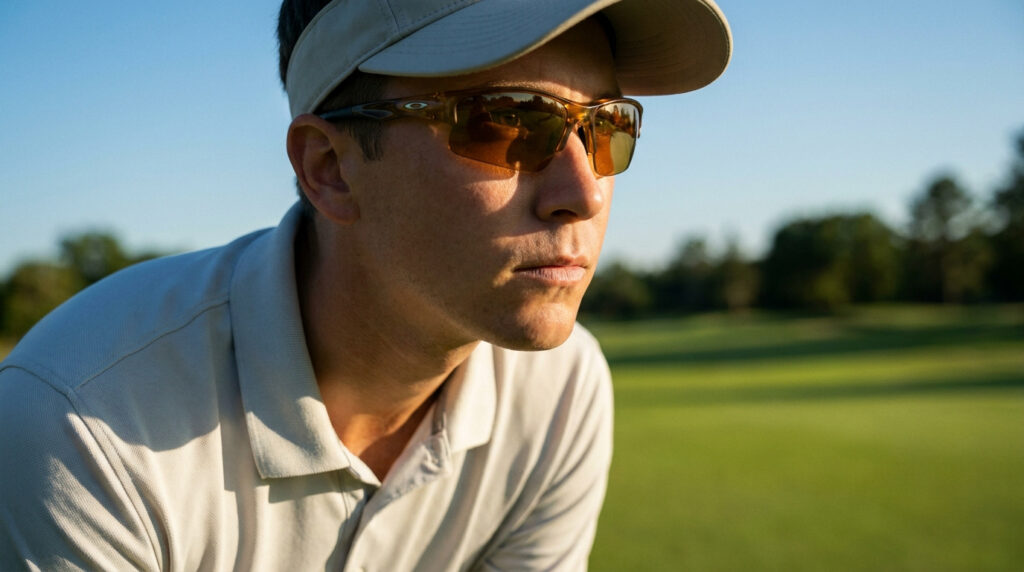 Un golfeur portant des lunettes de soleil spécialisées observe attentivement le green sous une lumière ensoleillée.