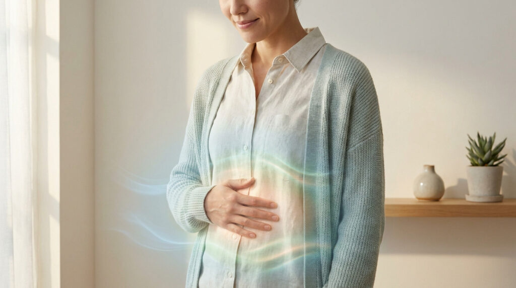Une femme pose sa main sur son abdomen, entouré d'une aura bleutée symbolisant une sensation de vibration.