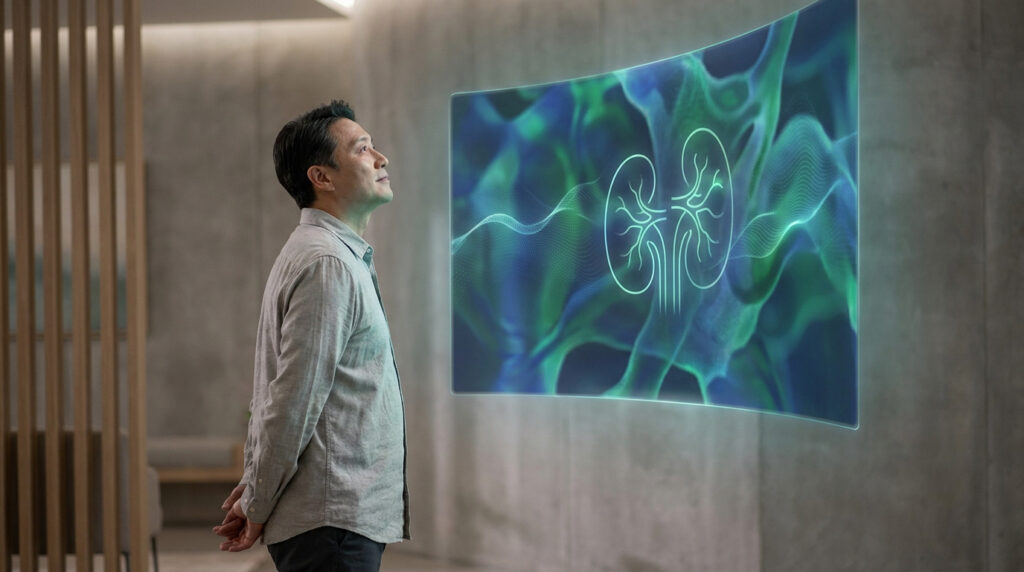 Un homme regarde un écran futuriste affichant une représentation lumineuse et stylisée des reins humains.
