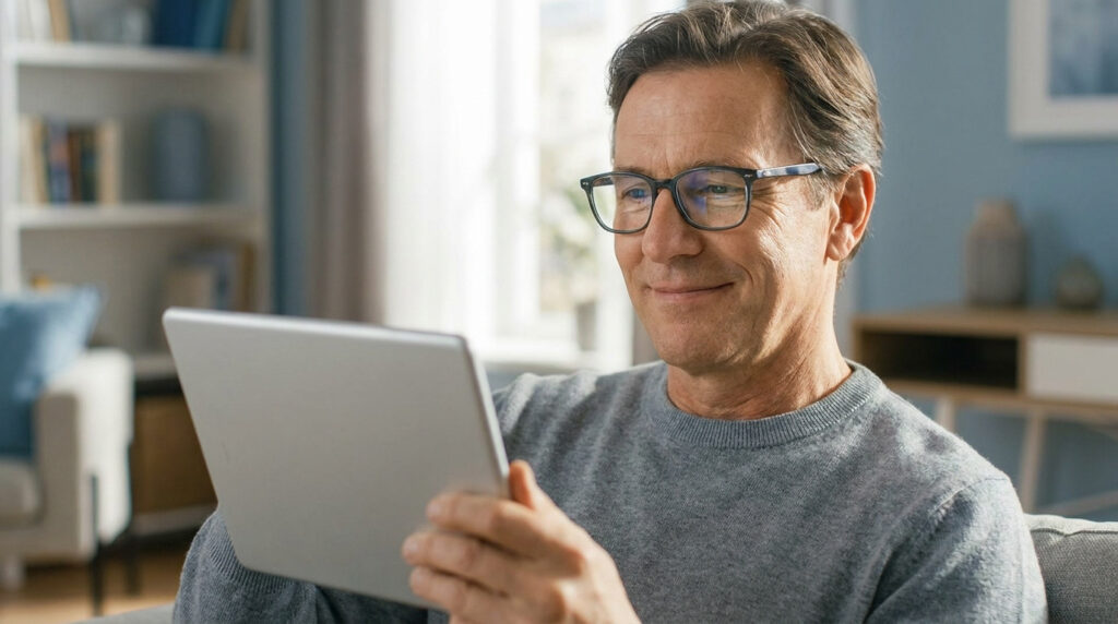Homme d'âge mûr souriant, portant des lunettes et utilisant une tablette numérique dans un salon lumineux.