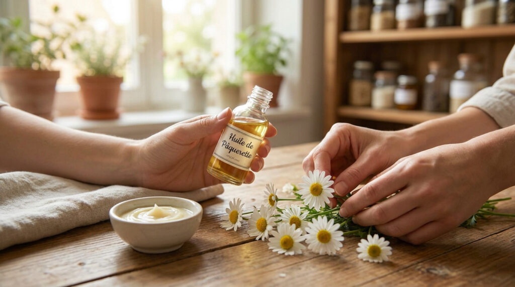 Mains tenant une fiole d'huile de pâquerette et des fleurs fraîches sur une table en bois avec un bol de crème.