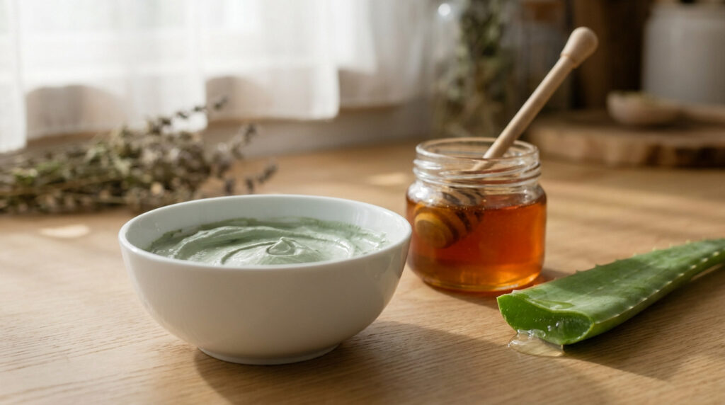 Un bol de masque à l'argile verte avec du miel et une feuille d'aloe vera sur une table en bois.