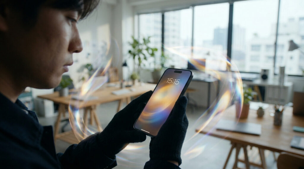 Un homme portant des gants regarde un smartphone affichant 15h15 avec une aura lumineuse circulaire autour.