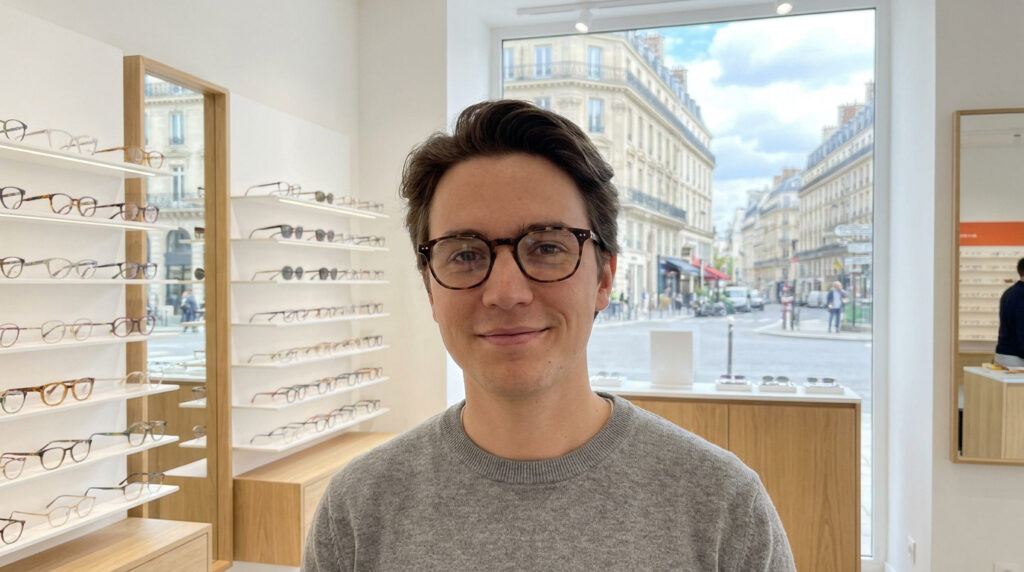 Un homme souriant portant des lunettes dans une boutique Lunettes pour tous à Paris.