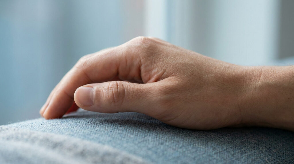 Une main humaine posée au repos sur une surface en tissu gris texturé.