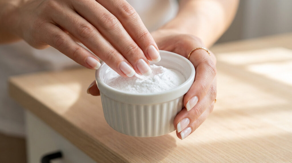 Mains trempant les bouts des doigts dans un petit bol rempli de poudre de bicarbonate de soude blanc.