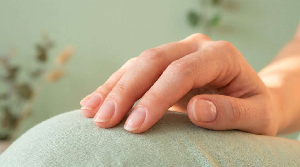 Gros plan sur une main posée délicatement sur un tissu vert pastel, mettant en valeur des ongles sains et naturels.