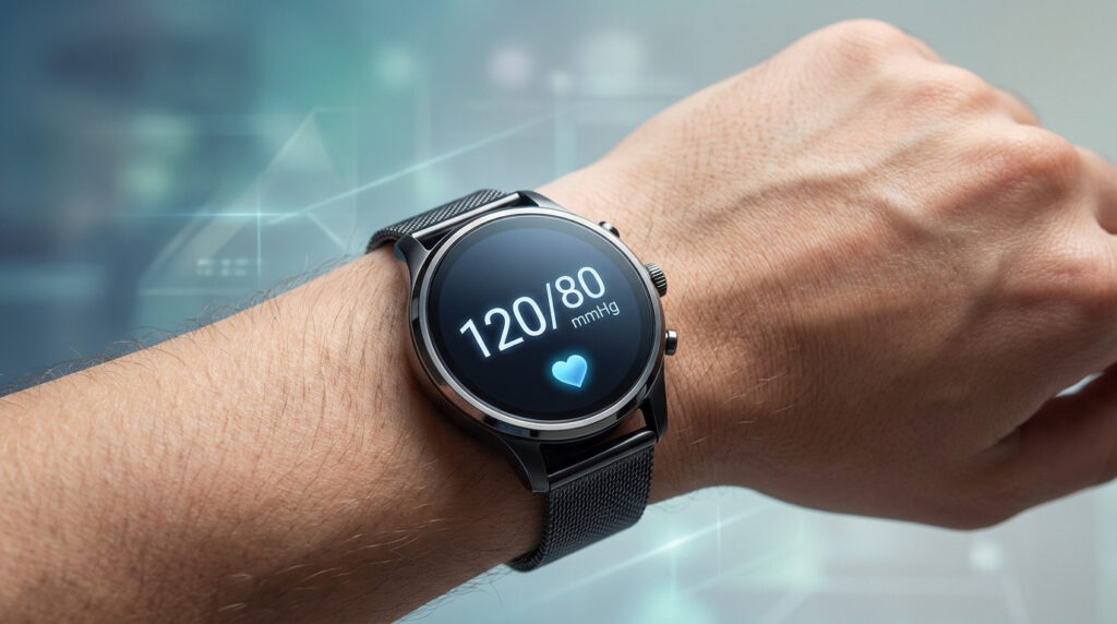 Une montre connectée au poignet affichant une pression artérielle de 120/80 mmHg avec une icône de cœur bleu.