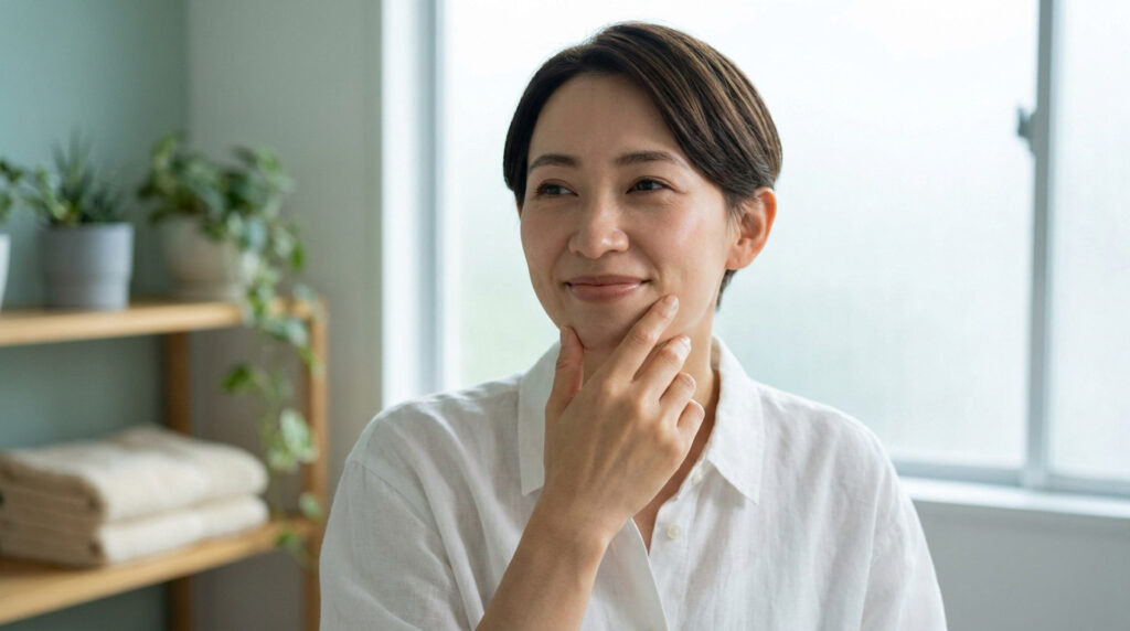 Une femme souriante touche son menton dans un intérieur lumineux, évoquant le soin de la peau.