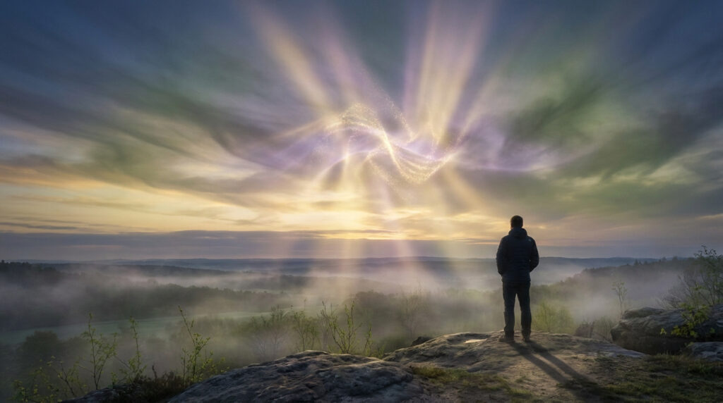 Un homme debout sur une falaise observant un ciel mystique avec des rayons de lumière scintillants lors d'un lever de soleil.