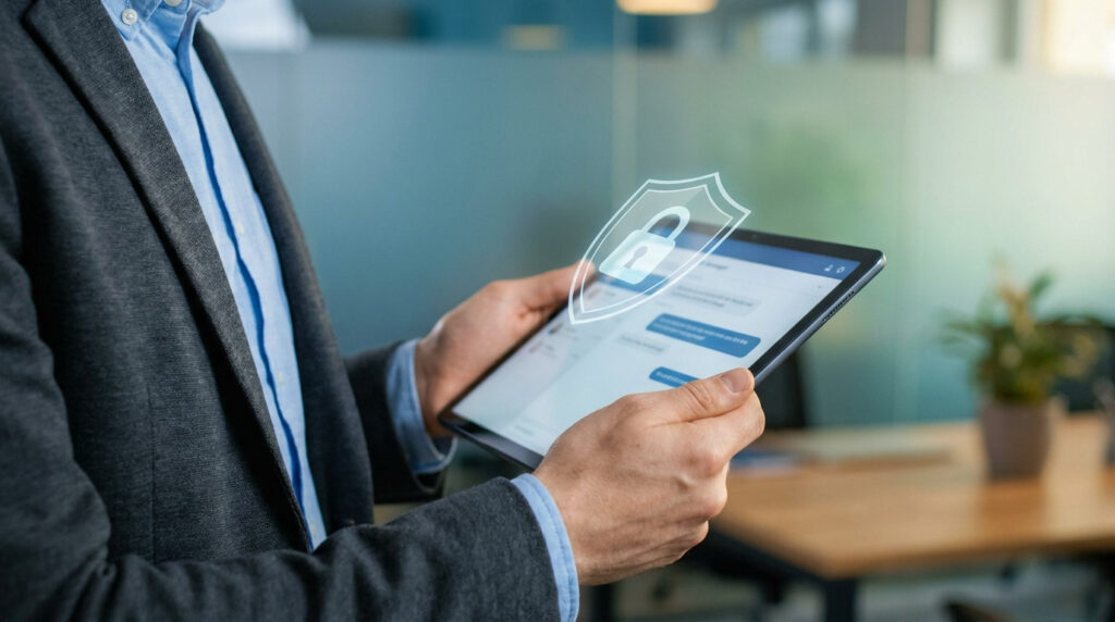 Un professionnel utilise une tablette avec une icône de bouclier et de cadenas, symbolisant la cybersécurité des e-mails.