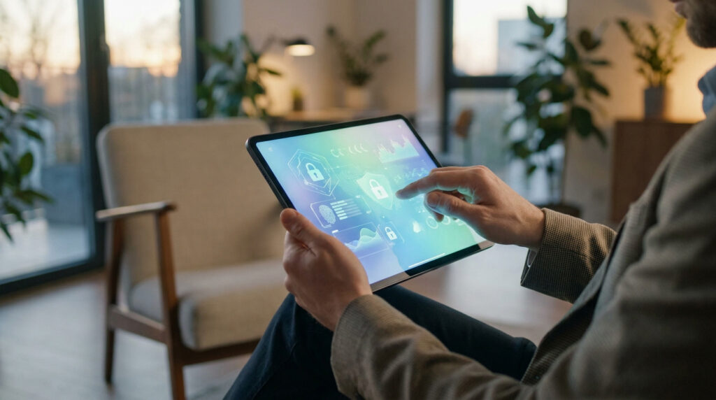 Une personne utilise une tablette affichant des icônes de cadenas et de sécurité numérique dans un salon moderne.
