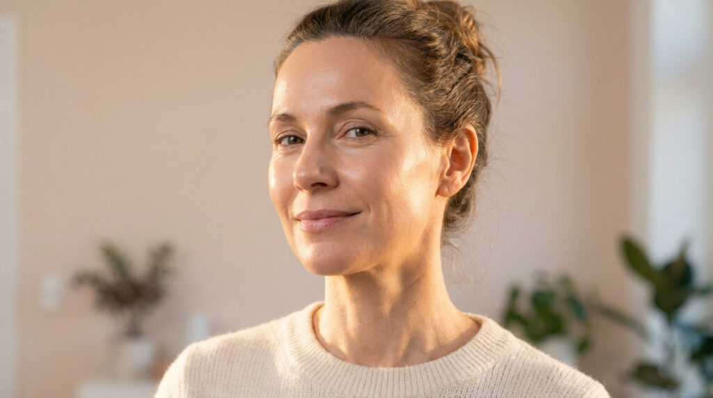 Portrait d'une femme souriante à la peau lisse et naturelle avec les cheveux relevés.