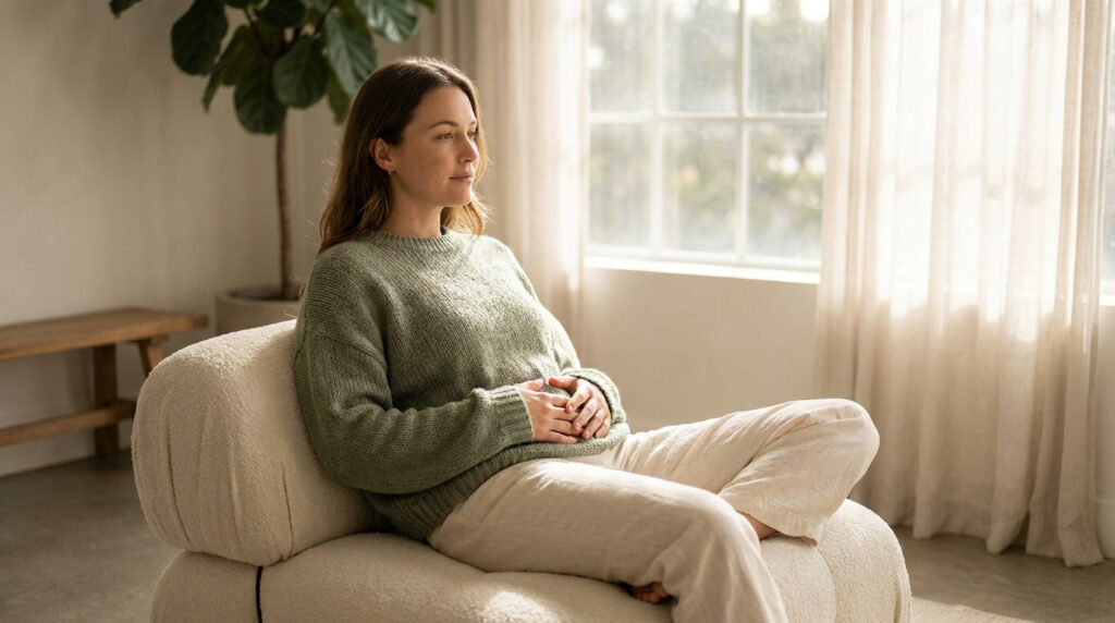 Une femme assise dans un fauteuil, les mains sur le ventre, exprimant un moment de repos ou de douleur intérieure.