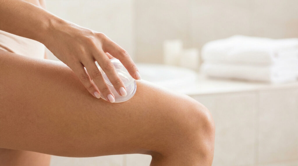 Une femme utilisant une ventouse en silicone transparent sur sa cuisse dans une salle de bain lumineuse.